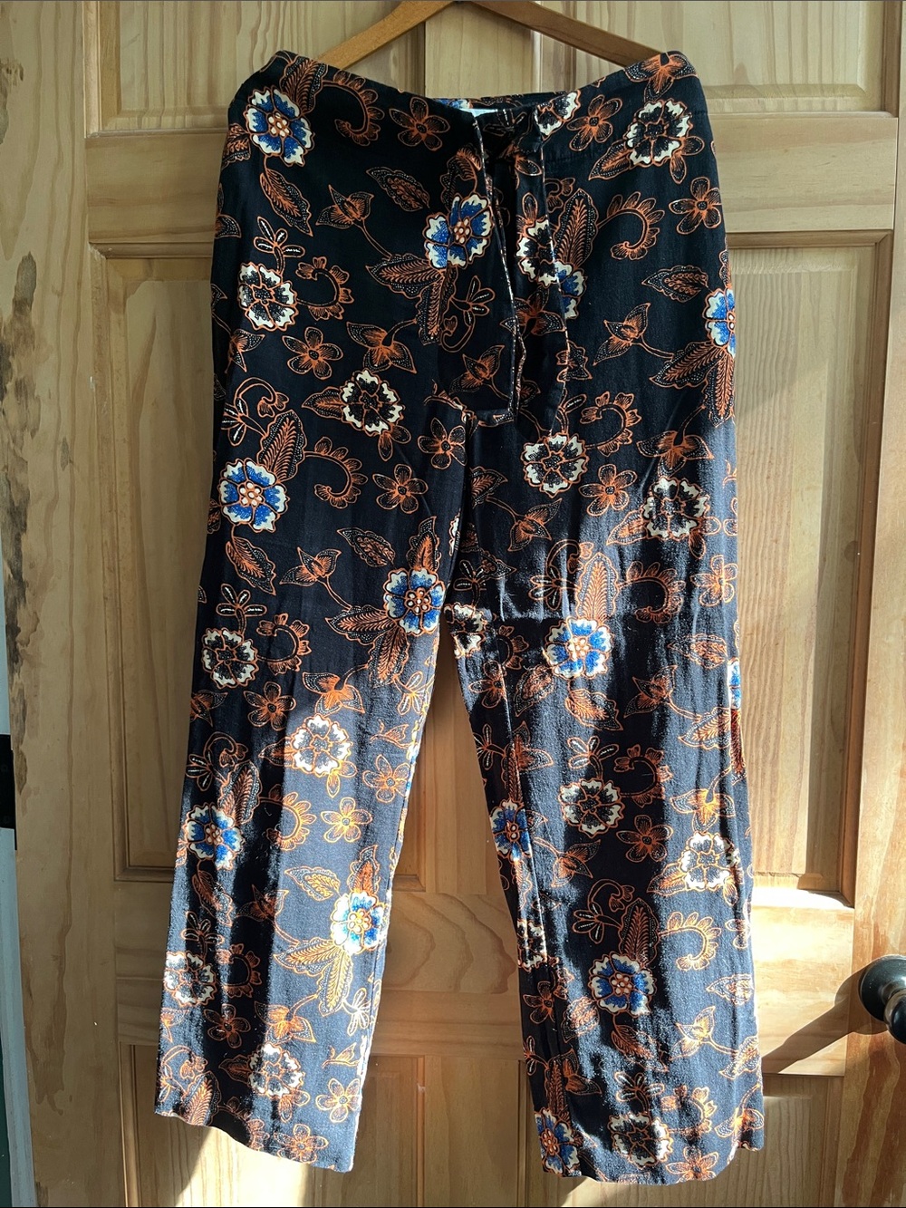 Anthropologie Black Floral Wide-Leg Pants with Blue & Rust Flowers